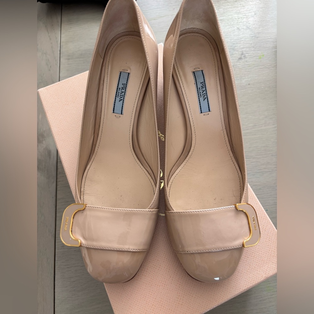Prada nude patent pumps
